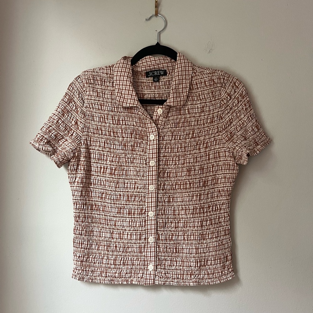 J. Crew Gingham Shirred Short Sleeve Top